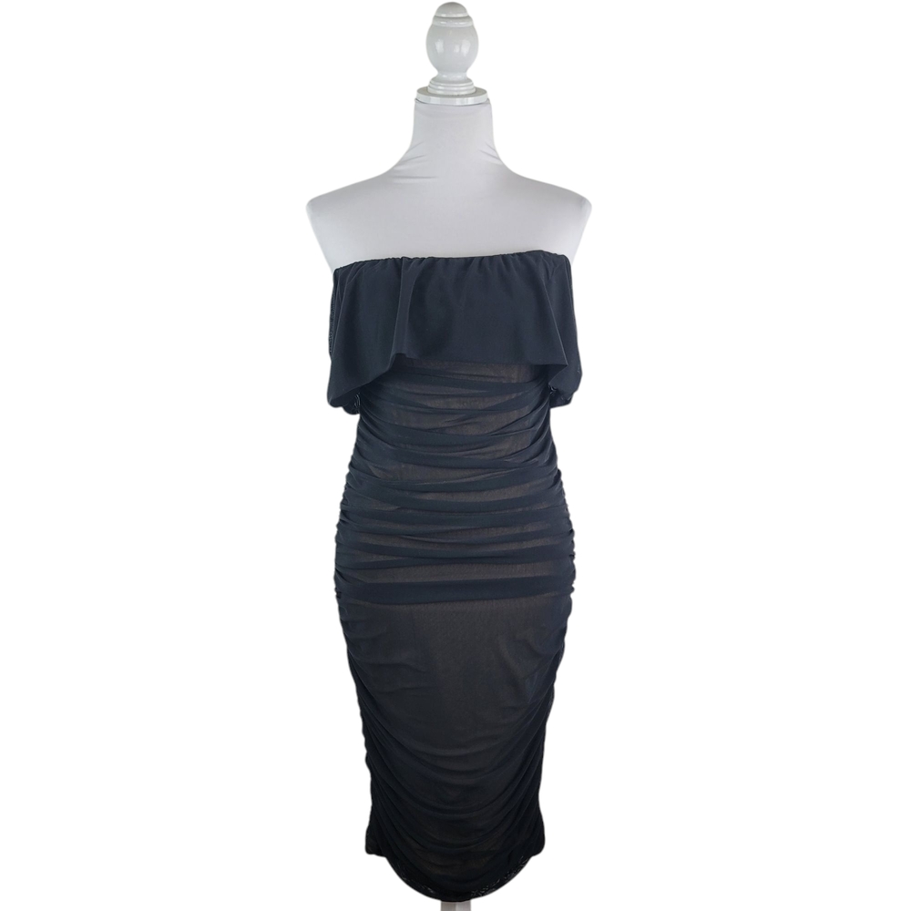 Off-Shoulder Black Ruched Bodycon Dress - Picture 2 of 11